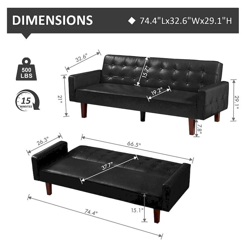 Divano letto, Divano letto futon, Divano a due posti in ecopelle, Divano letto a due posti per soggiorno, ospiti