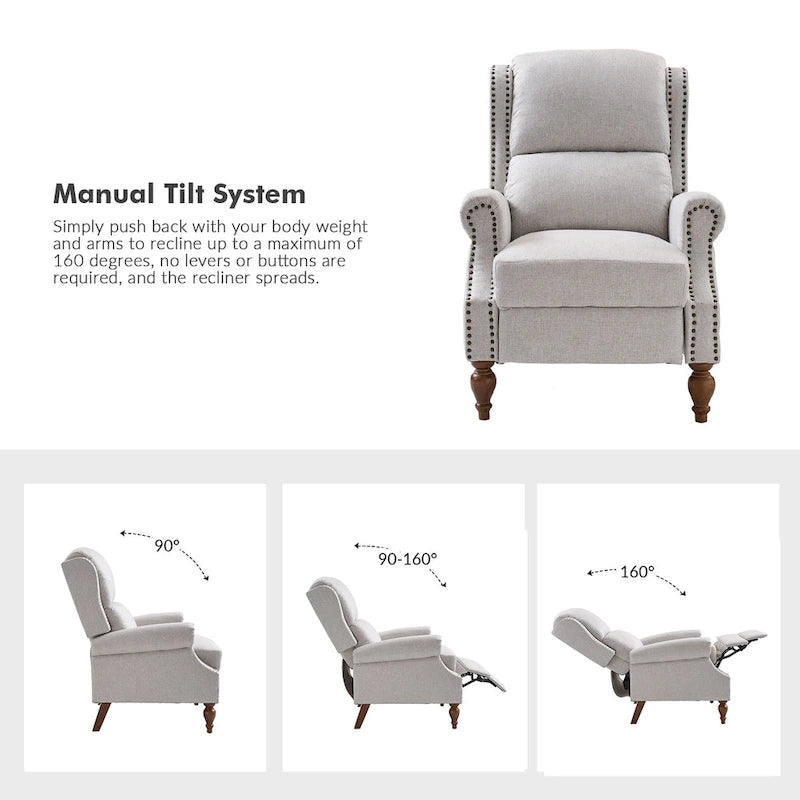 Carbone / Avena / Blu / Grigio / Avorio — Poltrona reclinabile manuale Wingback, finto lino, 1 posto