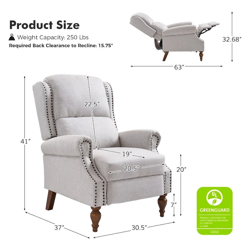 Carbone / Avena / Blu / Grigio / Avorio — Poltrona reclinabile manuale Wingback, finto lino, 1 posto