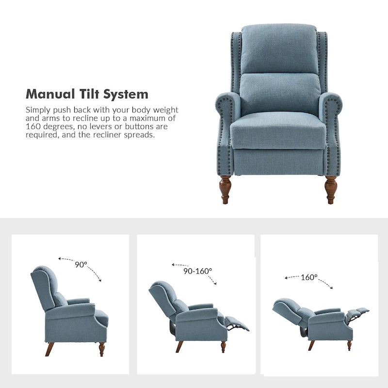 Carbone / Avena / Blu / Grigio / Avorio — Poltrona reclinabile manuale Wingback, finto lino, 1 posto