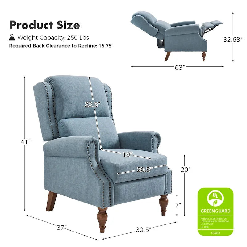 Carbone / Avena / Blu / Grigio / Avorio — Poltrona reclinabile manuale Wingback, finto lino, 1 posto