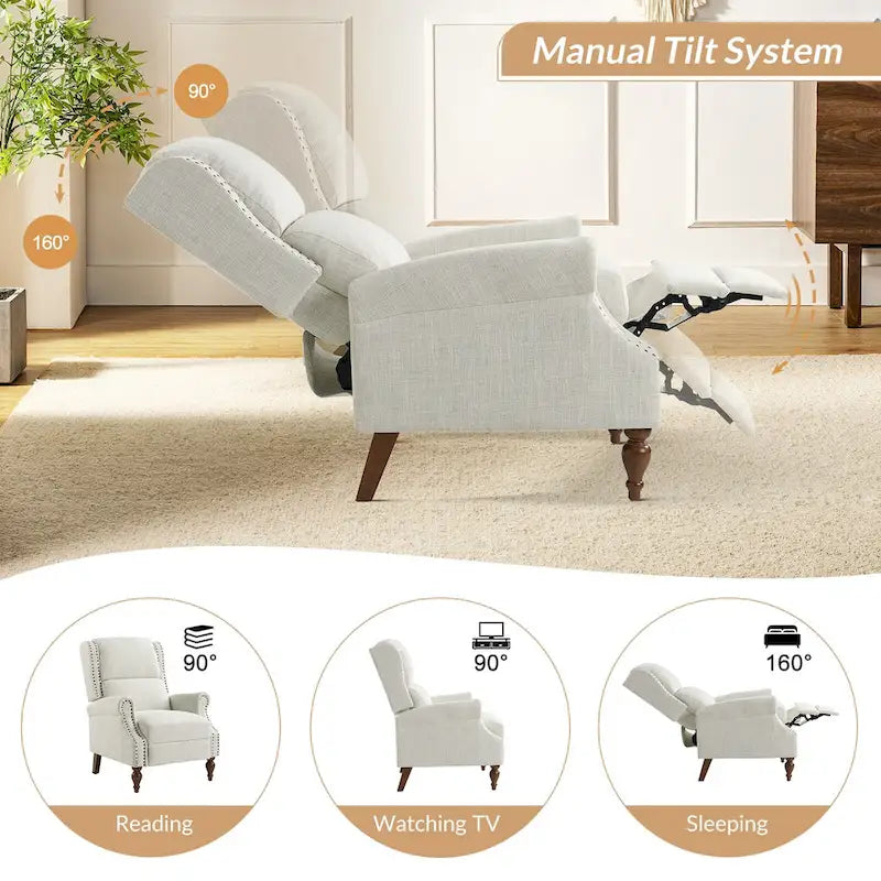 Carbone / Avena / Blu / Grigio / Avorio — Poltrona reclinabile manuale Wingback, finto lino, 1 posto