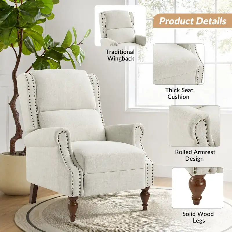 Carbone / Avena / Blu / Grigio / Avorio — Poltrona reclinabile manuale Wingback, finto lino, 1 posto