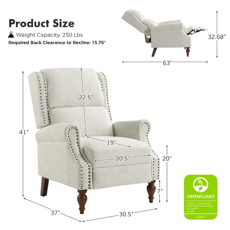 Carbone / Avena / Blu / Grigio / Avorio — Poltrona reclinabile manuale Wingback, finto lino, 1 posto