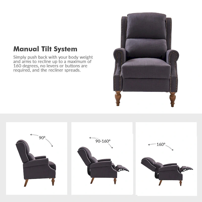 Carbone / Avena / Blu / Grigio / Avorio — Poltrona reclinabile manuale Wingback, finto lino, 1 posto