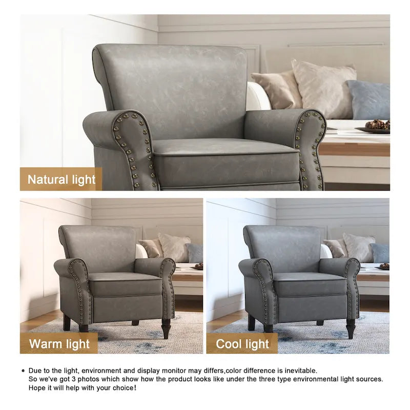Poltroncina in PU con braccioli arrotolati e finiture borchiate