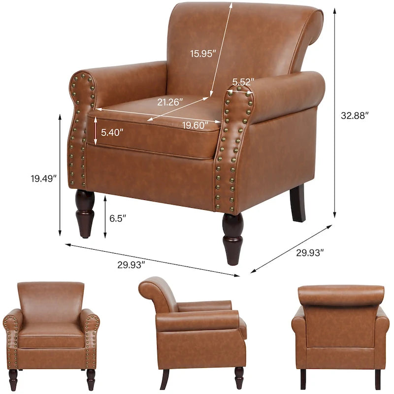 Poltroncina in PU con braccioli arrotolati e finiture borchiate