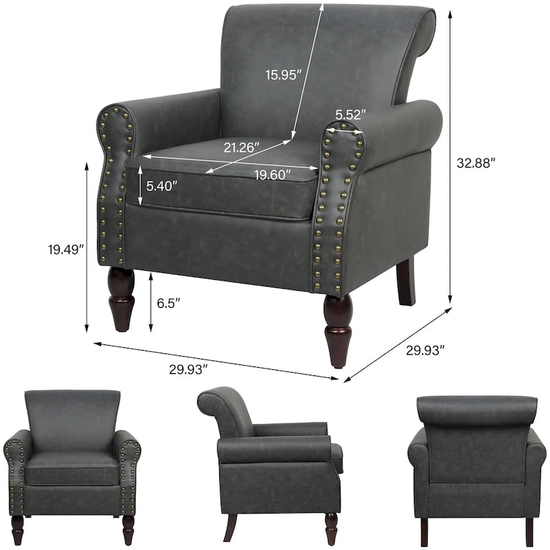 Poltroncina in PU con braccioli arrotolati e finiture borchiate