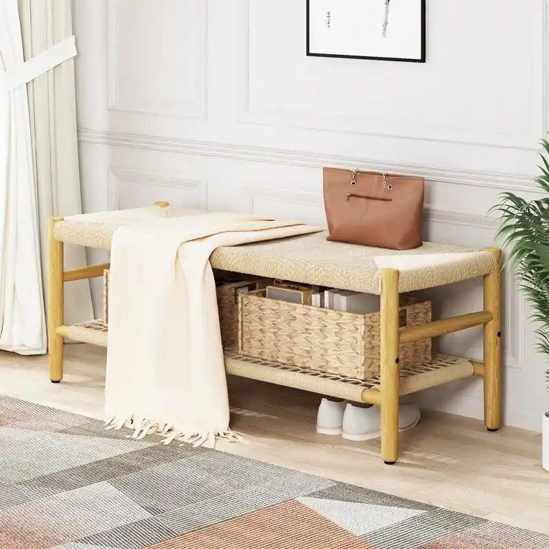 Panca scarpiera da ingresso Boho Farmhouse in legno massello con design in corda intrecciata a mano e due cesti, panca da fondo letto naturale