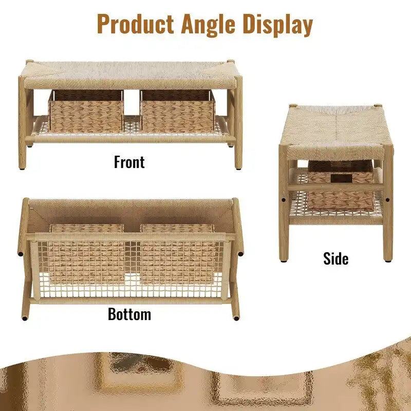 Panca scarpiera da ingresso Boho Farmhouse in legno massello con design in corda intrecciata a mano e due cesti, panca da fondo letto naturale