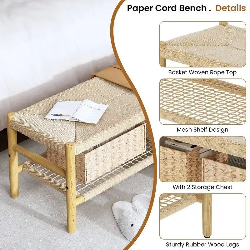 Panca scarpiera da ingresso Boho Farmhouse in legno massello con design in corda intrecciata a mano e due cesti, panca da fondo letto naturale