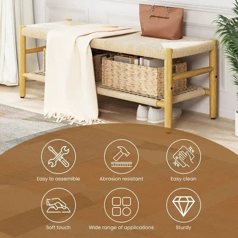 Panca scarpiera da ingresso Boho Farmhouse in legno massello con design in corda intrecciata a mano e due cesti, panca da fondo letto naturale