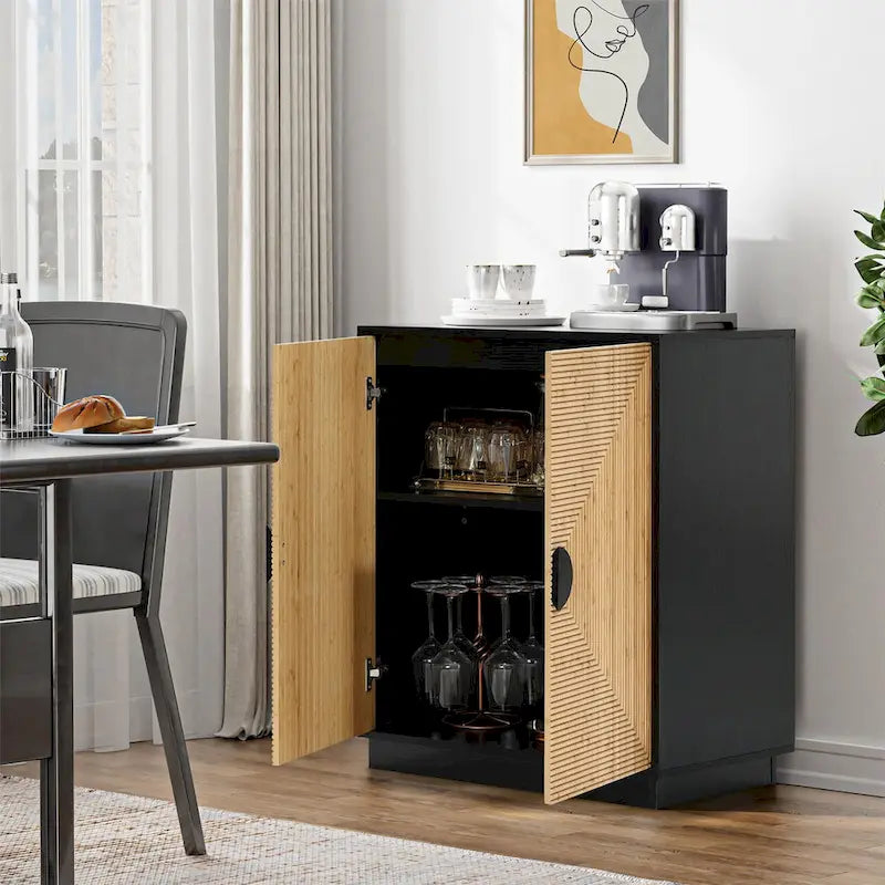 Mobiletto Moderno Boho a 2 Ante Nero con Strisce di Bambù - 86,1 A x 80 L x 39,9 P cm