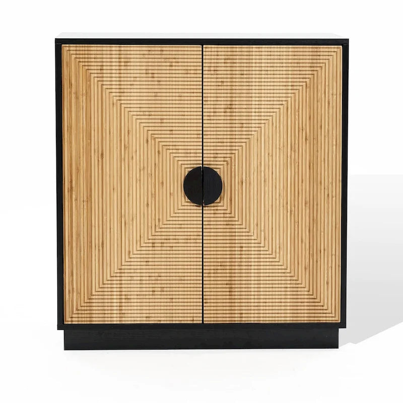Mobiletto Moderno Boho a 2 Ante Nero con Strisce di Bambù - 86,1 A x 80 L x 39,9 P cm