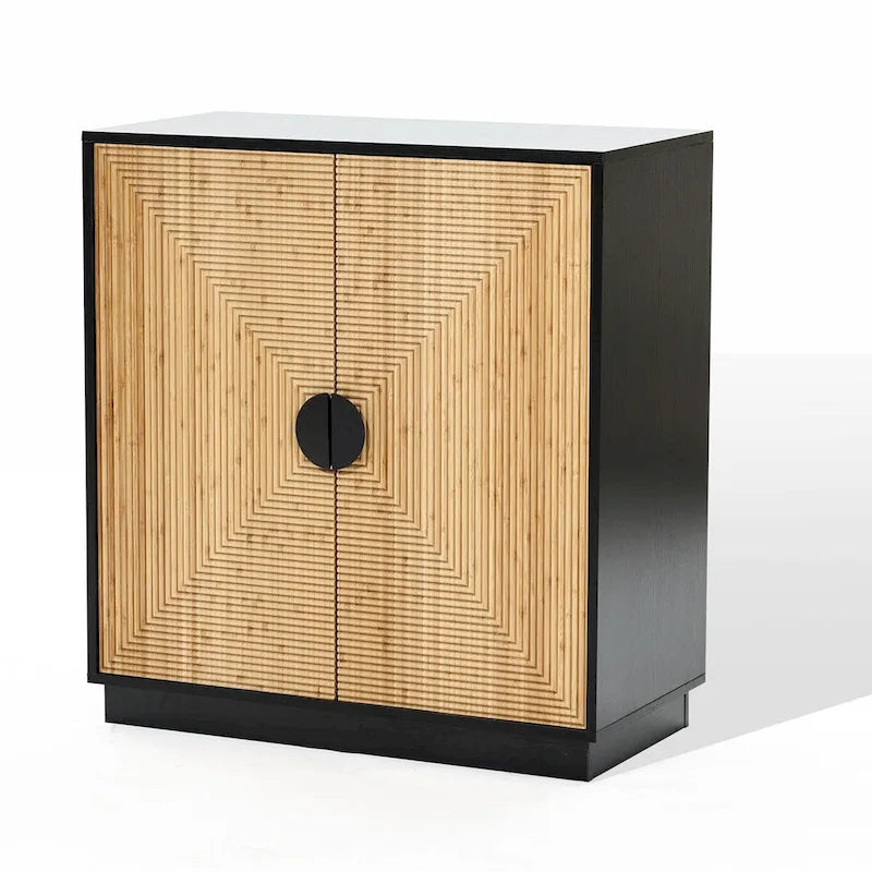 Mobiletto Moderno Boho a 2 Ante Nero con Strisce di Bambù - 86,1 A x 80 L x 39,9 P cm
