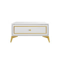 Tavolino moderno in legno con accenti in oro bianco e ripiano portaoggetti