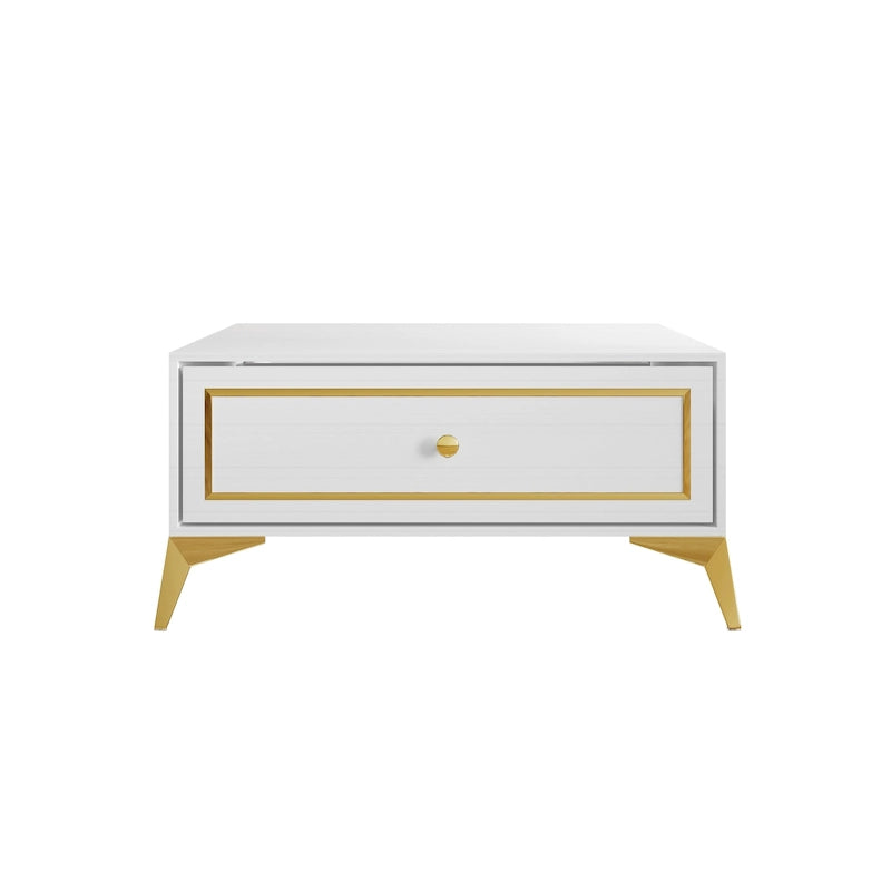 Tavolino moderno in legno con accenti in oro bianco e ripiano portaoggetti