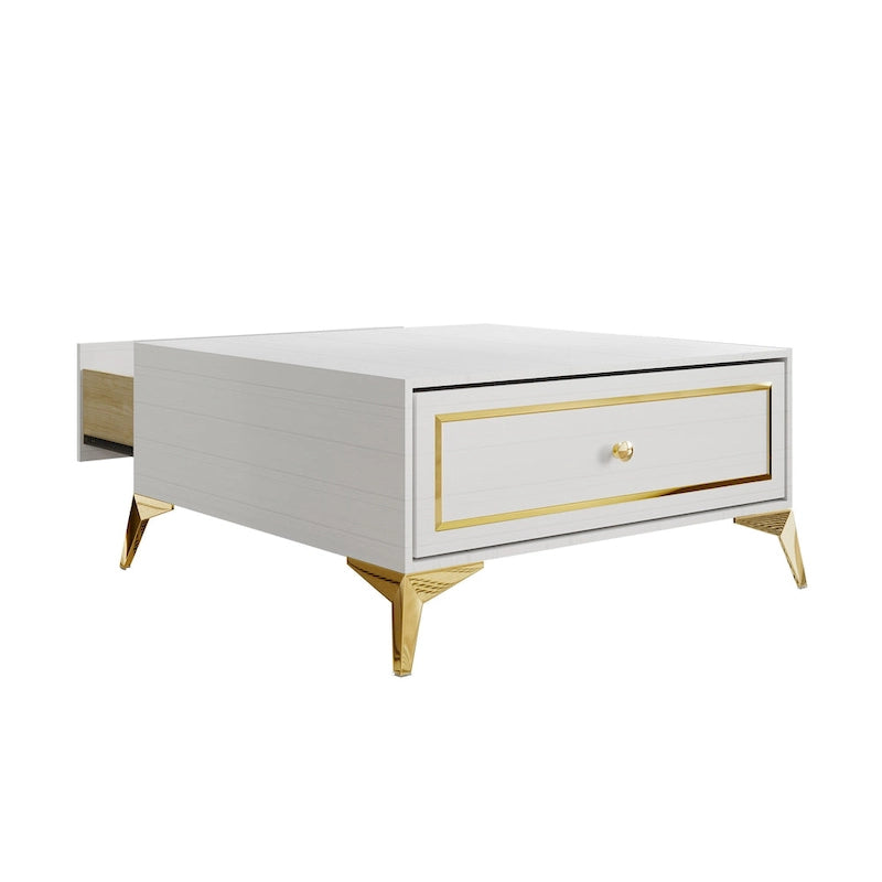 Tavolino moderno in legno con accenti in oro bianco e ripiano portaoggetti