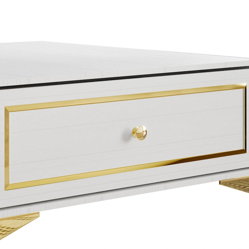 Tavolino moderno in legno con accenti in oro bianco e ripiano portaoggetti