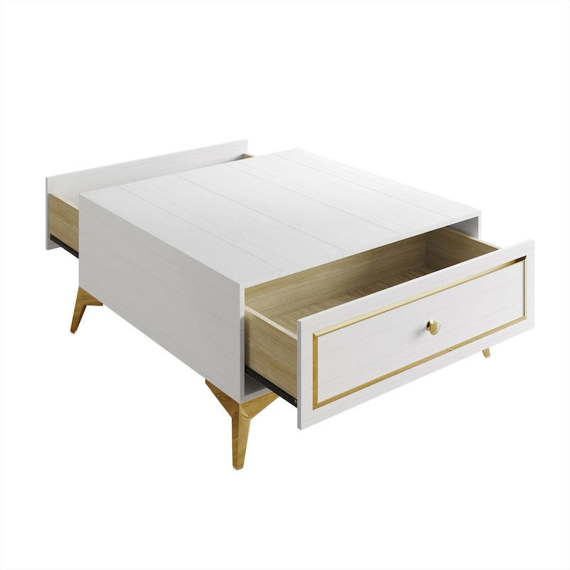 Tavolino moderno in legno con accenti in oro bianco e ripiano portaoggetti