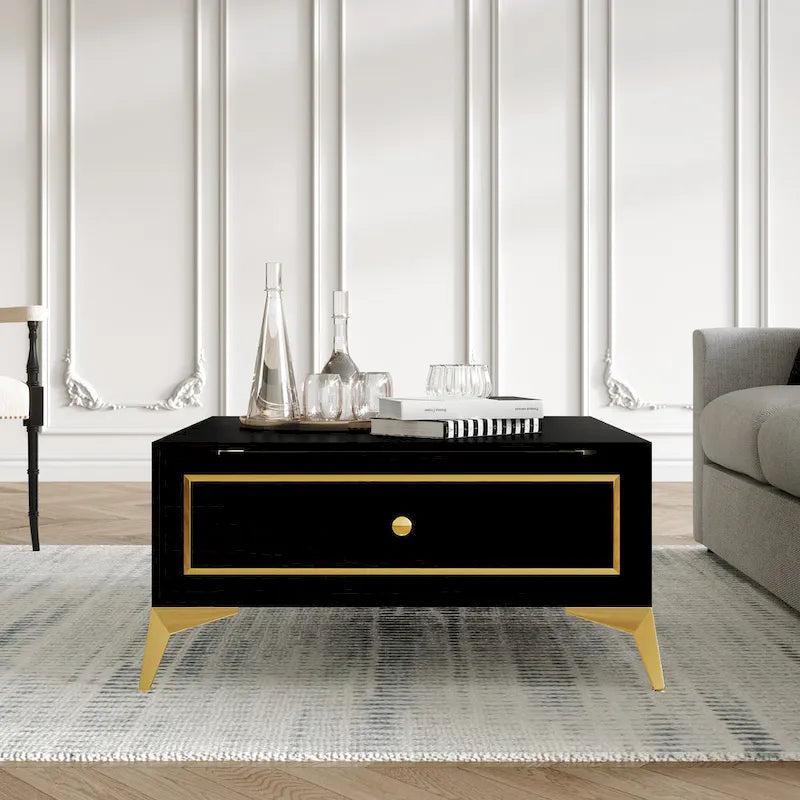 Tavolino moderno in legno con accenti in oro bianco e ripiano portaoggetti