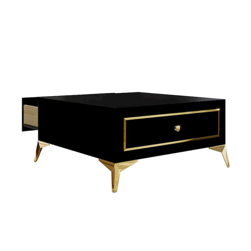 Tavolino moderno in legno con accenti in oro bianco e ripiano portaoggetti