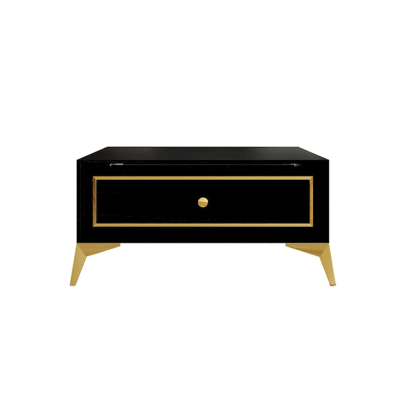 Tavolino moderno in legno con accenti in oro bianco e ripiano portaoggetti