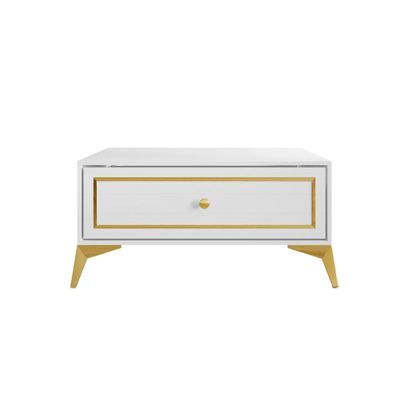 Tavolino moderno in legno con accenti in oro bianco e ripiano portaoggetti