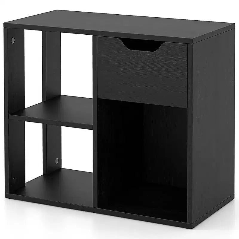Costway 1/2 PEZZI Libreria a 3 Cubi con Scaffale in Legno a 2 Ripiani e Cassetto Estraibile Nero/Bianco