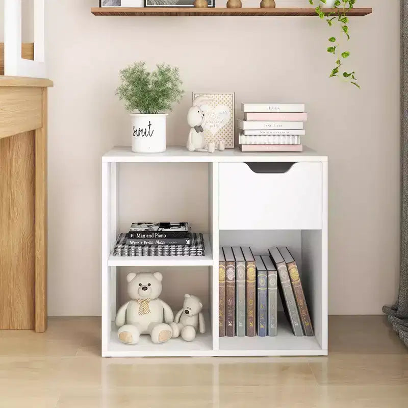 Costway 1/2 PEZZI Libreria a 3 Cubi con Scaffale in Legno a 2 Ripiani e Cassetto Estraibile Nero/Bianco