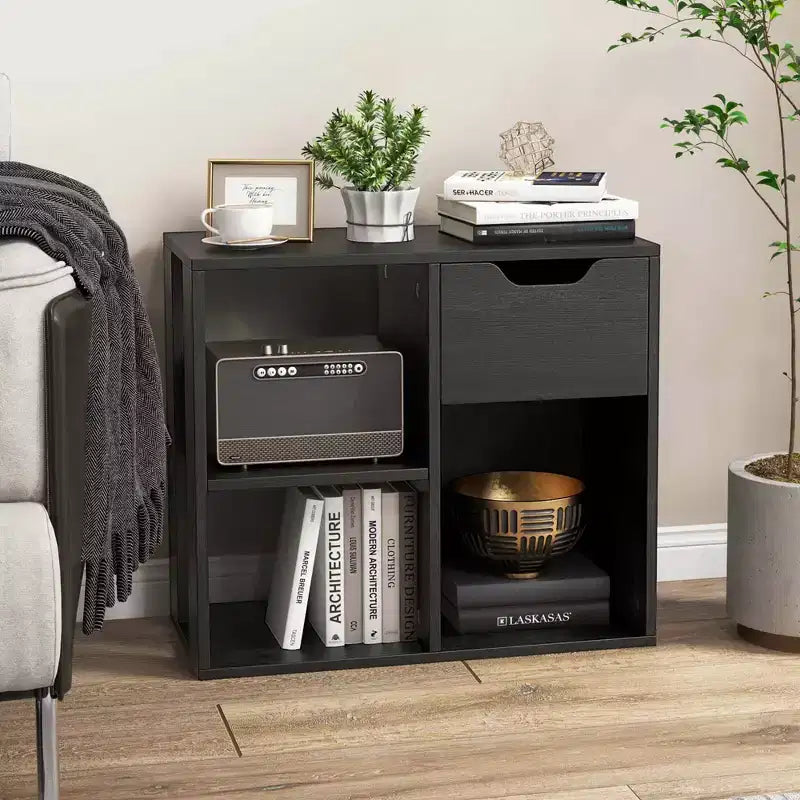 Costway 1/2 PEZZI Libreria a 3 Cubi con Scaffale in Legno a 2 Ripiani e Cassetto Estraibile Nero/Bianco