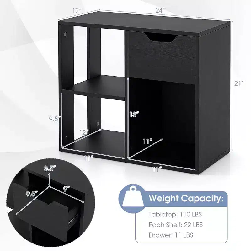Costway 1/2 PEZZI Libreria a 3 Cubi con Scaffale in Legno a 2 Ripiani e Cassetto Estraibile Nero/Bianco