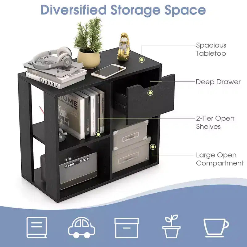 Costway 1/2 PEZZI Libreria a 3 Cubi con Scaffale in Legno a 2 Ripiani e Cassetto Estraibile Nero/Bianco