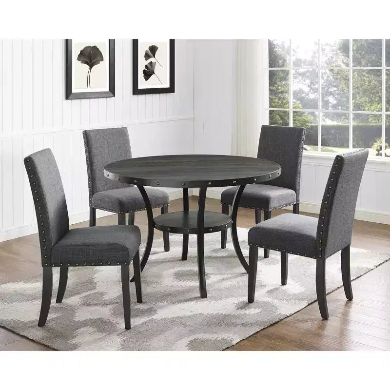 Sedie da pranzo in tessuto Biony Roundhill Furniture con finiture borchiate, grigie, set da 2