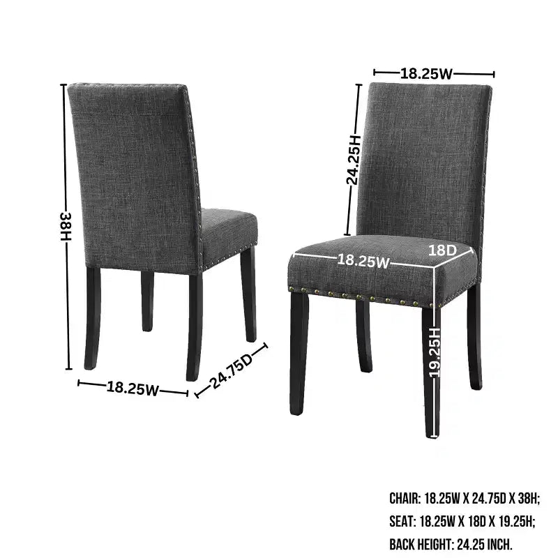 Sedie da pranzo in tessuto Biony Roundhill Furniture con finiture borchiate, grigie, set da 2