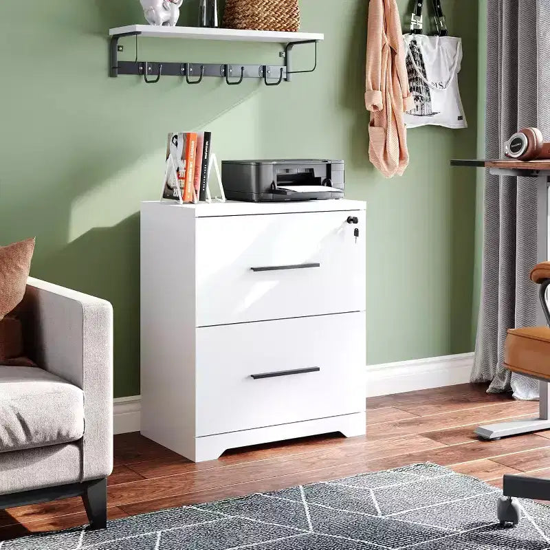DEXYLLO Cassettiera laterale a 2 cassetti in legno con serratura, schedario per ufficio e casa, supporto per stampante con meccanismo antiribaltamento