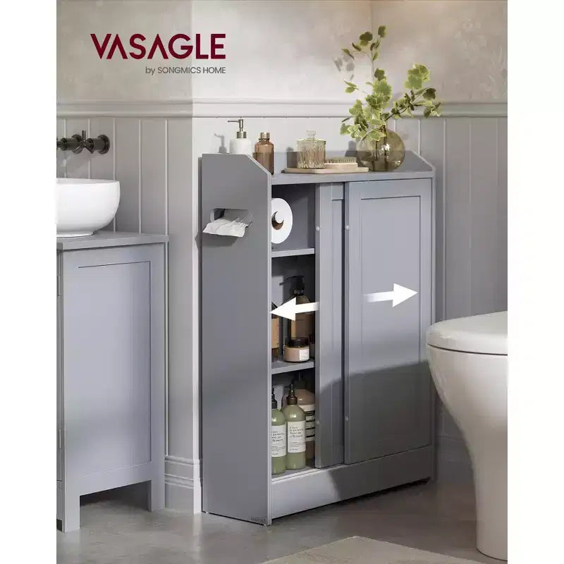 VASAGLE Mobiletto da Bagno, Mobile Salvaspazio Sottile, Porta Carta Igienica e Vano per Scopino WC, Ante Scorrevoli, Ripiani Regolabili,