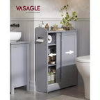 VASAGLE Mobiletto da Bagno, Mobile Salvaspazio Sottile, Porta Carta Igienica e Vano per Scopino WC, Ante Scorrevoli, Ripiani Regolabili,
