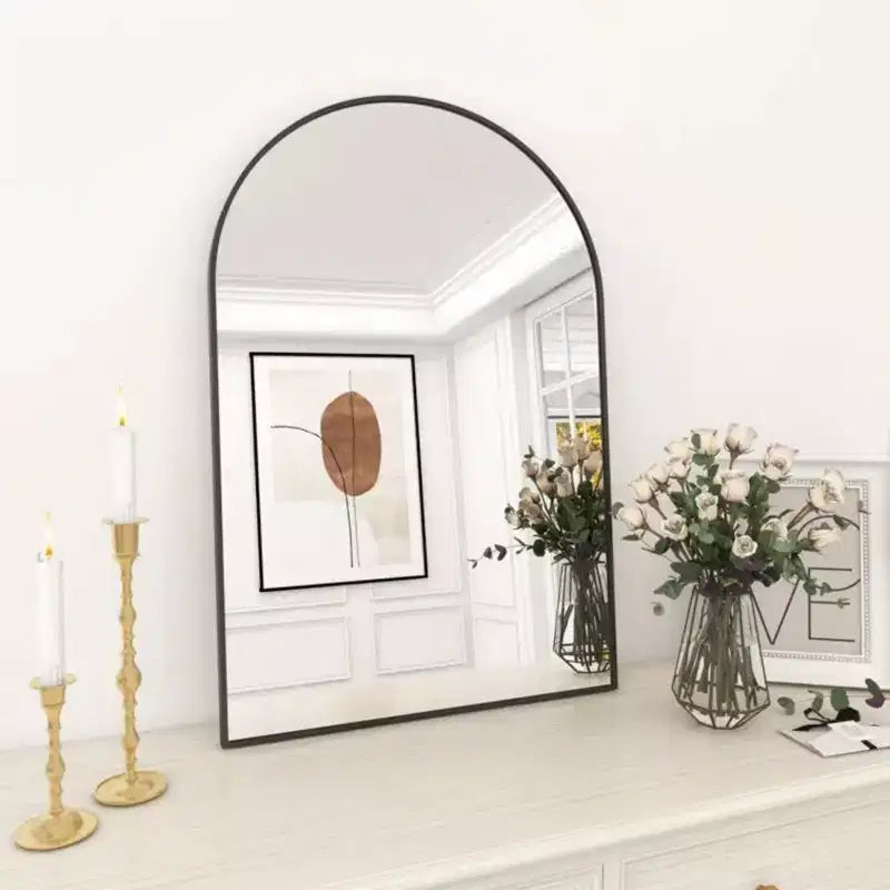 Specchio da Caminetto Ad Arco 24 x 36, Nero/Oro-HOMLUX: Cornice in Metallo, Montaggio a Parete, Decorazione Moderna