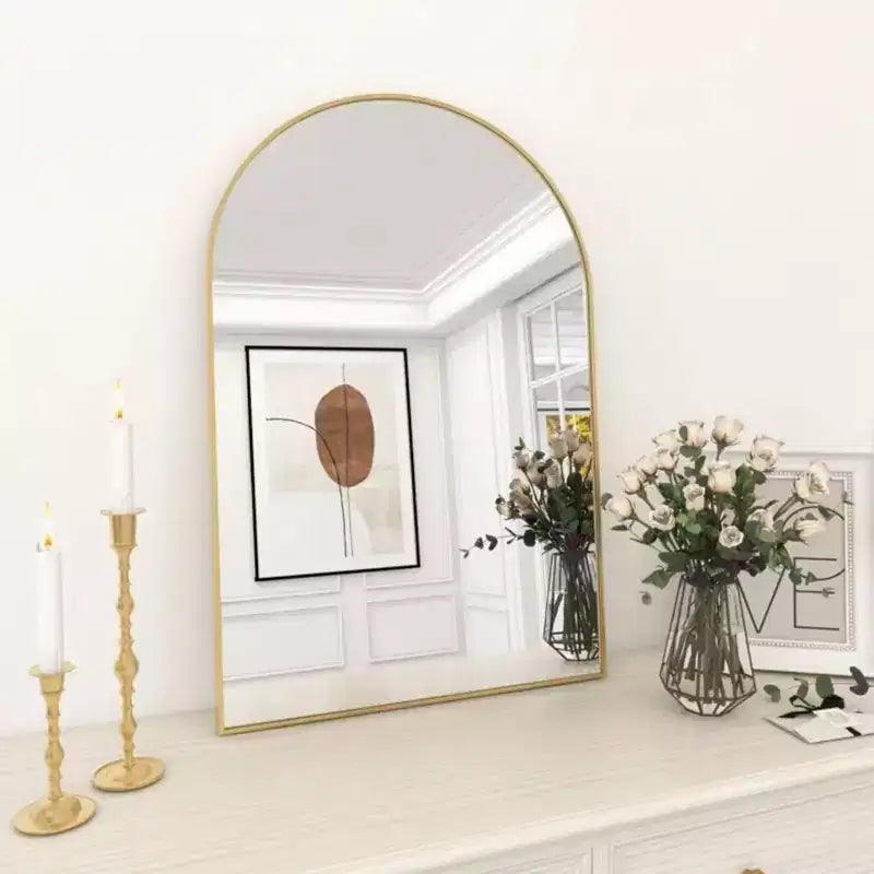 Specchio da Caminetto Ad Arco 24 x 36, Nero/Oro-HOMLUX: Cornice in Metallo, Montaggio a Parete, Decorazione Moderna