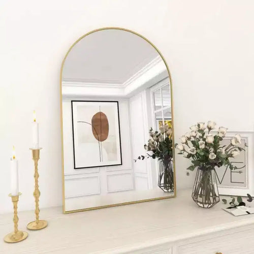 Specchio da Caminetto Ad Arco 24 x 36, Nero/Oro-HOMLUX: Cornice in Metallo, Montaggio a Parete, Decorazione Moderna