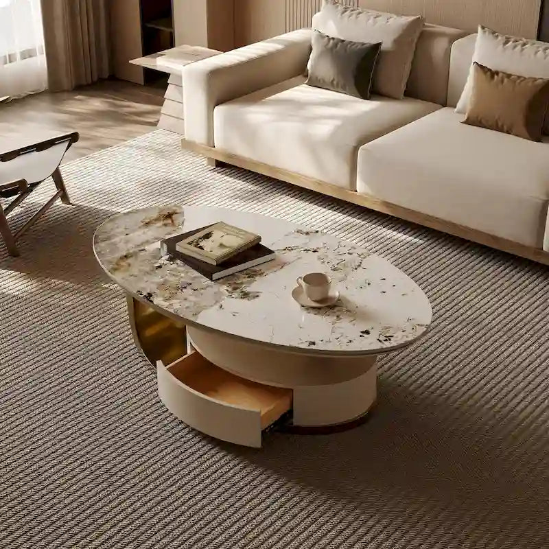 Tavolino ovale moderno da 51", piano in pietra sinterizzata, gambe oro, cassetto - 51,2 X 27,5