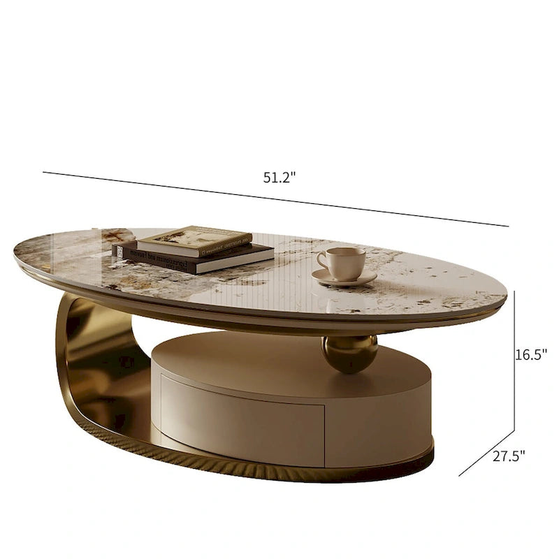 Tavolino ovale moderno da 51", piano in pietra sinterizzata, gambe oro, cassetto - 51,2 X 27,5