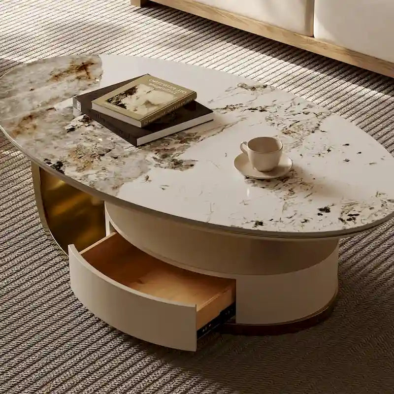 Tavolino ovale moderno da 51", piano in pietra sinterizzata, gambe oro, cassetto - 51,2 X 27,5