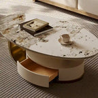 Tavolino ovale moderno da 51", piano in pietra sinterizzata, gambe oro, cassetto - 51,2 X 27,5