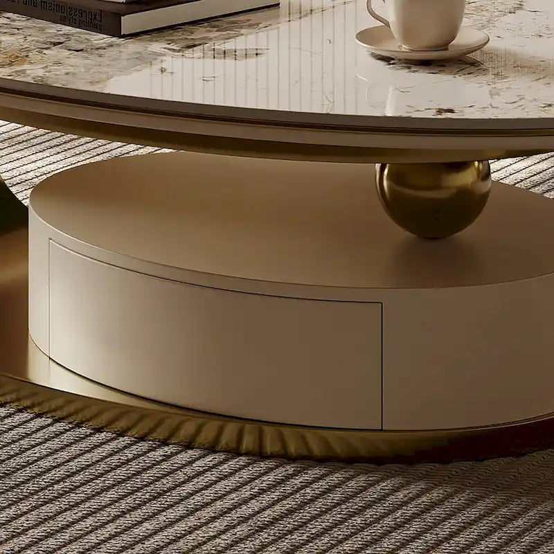 Tavolino ovale moderno da 51", piano in pietra sinterizzata, gambe oro, cassetto - 51,2 X 27,5