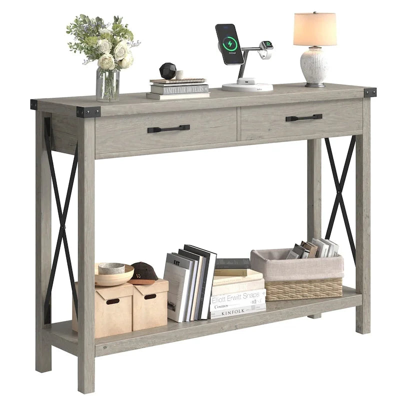 Consolle con struttura in metallo effetto legno grigio e 2 cassetti