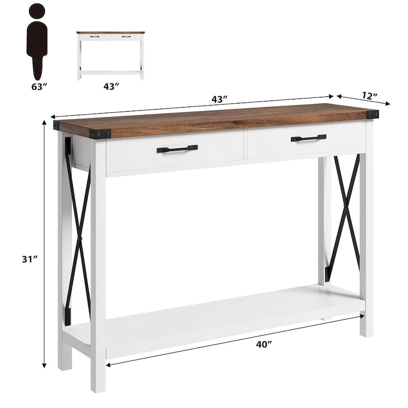 Consolle con struttura in metallo effetto legno grigio e 2 cassetti