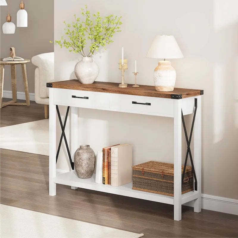 Consolle con struttura in metallo effetto legno grigio e 2 cassetti