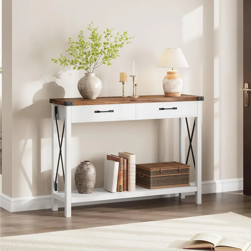 Consolle con struttura in metallo effetto legno grigio e 2 cassetti
